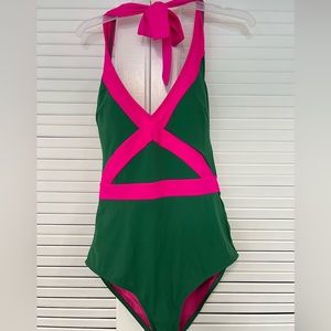 NWT Boden Halter One Piece Swimsuit - stunning neon and emerald colorblock! 10L